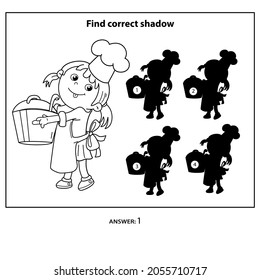 Puzzle Game for kids. Find correct shadow. Cartoon girl chef with large pot. Little cook or scullion in apron and chef hat. Profession. Coloring book for children.