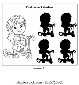 Puzzle Game for kids. Find correct shadow. Coloring Page Outline Of a cartoon girl on the scooter. Coloring book for children.