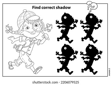 Puzzle Game for kids. Find correct shadow. Coloring Page Outline Of a cartoon girl detective with loupe. Coloring book for children.