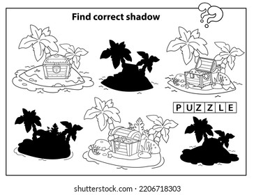 Puzzle Game for kids. Find correct shadow. Coloring Page Outline Of cartoon pirate Island of treasure. Coloring book for children.