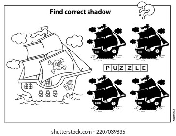 Puzzle Game for kids. Find correct shadow. Coloring Page Outline Of cartoon pirate ship. Sailboat with black sails with skull in sea. Coloring book for children.
