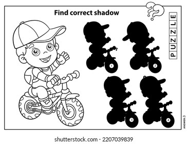 Puzzle Game for kids. Find correct shadow. Coloring Page Outline Of a cartoon fan boy on a bicycle or bike. Coloring book for children.