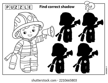 Puzzle Game for kids. Find correct shadow. Coloring Page Outline Of cartoon fireman or firefighter with a megaphone or horn and fire extinguisher. Profession. Coloring book for children.