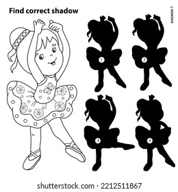 Juego de rompecabezas para los niños. Buscar sombra correcta. Esbozo de página de color de bailarina de ballet de dibujos animados o bailarina de ballet. Una niña pequeña está bailando. Libro de Colores para niños.