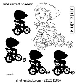 Puzzle Game for kids. Find correct shadow. Coloring Page Outline Of a cartoon fun girl on a bicycle or bike. Coloring book for children.
