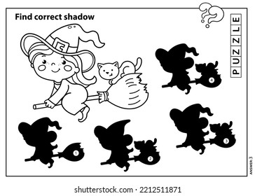 Puzzle Game for kids. Find correct shadow. Coloring Page Outline Of cartoon little witch on a broom with a pot and with a cat. Coloring book for children.