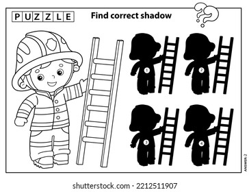 Juego de rompecabezas para los niños. Buscar sombra correcta. Esbozo de página de color de bombero o bombero de dibujos animados con una escalera de extinción de incendios. Profesión. Libro de Colores para niños.