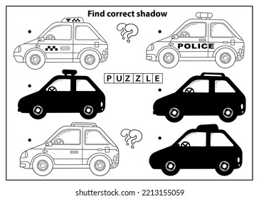 Puzzle Game for kids. Find correct shadow. Images transport or vehicle. Cartoon passenger car or machine, taxi and police car. Coloring book for children