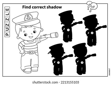 Puzzle Game for kids. Find correct shadow. Coloring Page Outline of cartoon sailor or seaman with spyglass. Profession. Coloring book for children