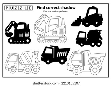 Puzzle Game for kids. Find correct shadow. Construction vehicles. Cartoon lorry or dump truck, crawler excavator and concrete mixer. Coloring book for children.