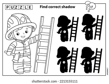 Juego de rompecabezas para los niños. Buscar sombra correcta. Esbozo de página de color de bombero o bombero de dibujos animados con una escalera de extinción de incendios y un hacha. Profesión. Libro de Colores para niños.