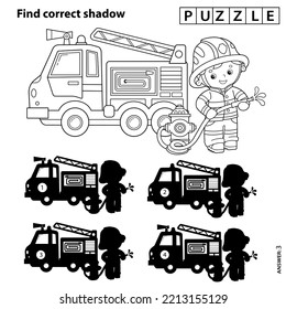 Puzzle Game for kids. Find correct shadow. Coloring Page Outline Of cartoon fire truck with fireman or firefighter. Coloring book for children.