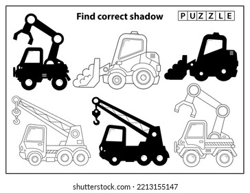 Puzzle Game for kids. Find correct shadow. Construction vehicles. Cartoon truck crane, loader or lift truck and bulldozer. Coloring book for children.