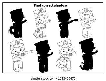 Puzzle Game for kids. Find correct shadow. Cartoon sailors or seamen with lifebuoy, spyglass and anchor. Profession. Coloring book for children
