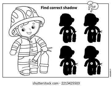 Puzzle Game für Kinder. Finden Sie den richtigen Schatten. Farbseite Umriss von Cartoon Feuerwehrmann oder Feuerwehrmann mit einem Feuerlöscher. Beruf. Farbbuch für Kinder.