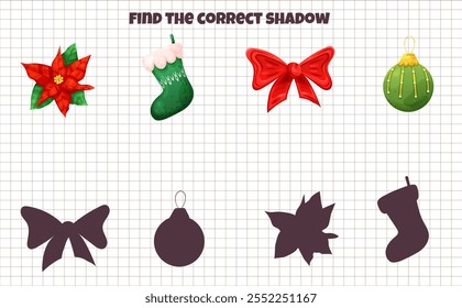 Puzzle game for kids find correct shadow with Christmas bow and sock