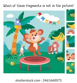 Puzzle game for kids. Find fragments. Cartoon illustration. Cute monkey in jungle. Vector illustration. 