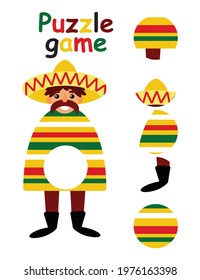 Puzzle game for kids - find the missing piece and complete the picture stock vector illustration. Happy mexican man with mustache in sombrero and poncho. Colorful activity page printable page