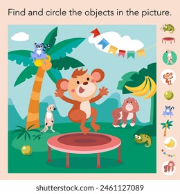 Puzzle game for kids. Find object. Cartoon illustration. Cute monkey in jungle. Vector illustration, scene for design. 