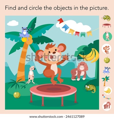 Puzzle game for kids. Find object. Cartoon illustration. Cute monkey in jungle. Vector illustration, scene for design. 
