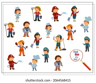 A puzzle game for kids find the one of a kind, cartoon children of different professions. vector isolated on a white background