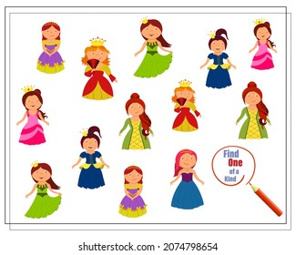 A puzzle game for kids, find the one of a kind. Girls in princess costumes, in carnival costumes. Vector isolated on a white background