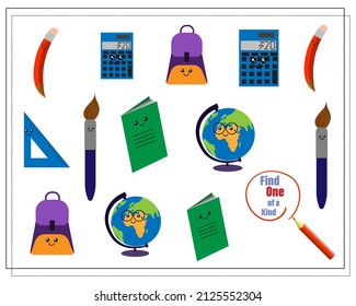 A puzzle game for kids find the one of a kind. Cute cartoon school supplies. Vector isolated on a white background