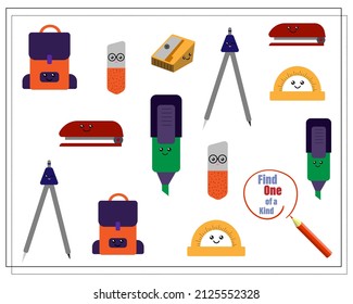 A puzzle game for kids find the one of a kind. Cute cartoon school supplies. Vector isolated on a white background