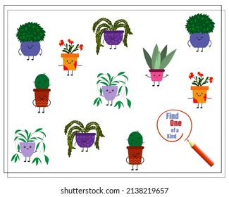 A puzzle game for kids, find the one of a kind. Cute cartoon flowers in kawaii pots. Vector isolated on a white background