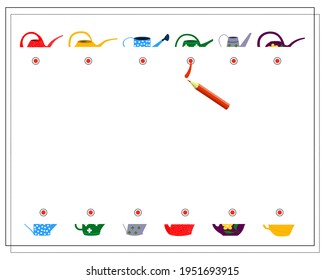 A puzzle game for kids. Find the right watering can halves. Garden tools, watering cans of different colors. Connect it. Vector isolated on a white background