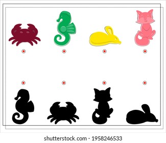 Puzzle game for kids find the right shadow. sand toys, sand molds, seahorse, cat, crab, mouse. vector isolated on a white background