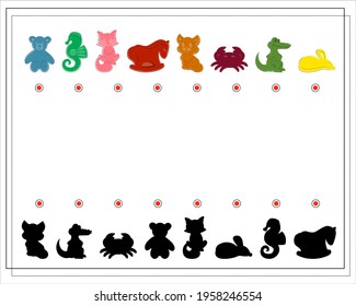 Puzzle game for kids find the right shadow. sand toys, sand molds, bear, horse, seahorse, cat, crab, crocodile. vector isolated on a white background