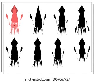 Puzzle game for kids find the right shadow. Choose a shade for the sea creatures, cartoon squid. vector isolated on a white background