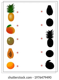 puzzle game for kids find the right shadow, fruit. pineapple, mango, kiwi, papaya, grapefruit. vector isolated on a white background