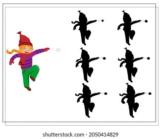 Puzzle game for kids find the right shadow, cute cartoon kids playing snowballs. vector isolated on a white background