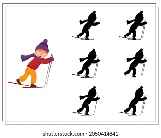 Puzzle game for kids find the right shadow, cute cartoon kids playing snowballs. vector isolated on a white background