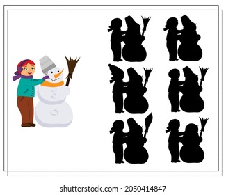 Puzzle game for kids find the right shadow, cute cartoon kids are making a snowman. vector isolated on a white background