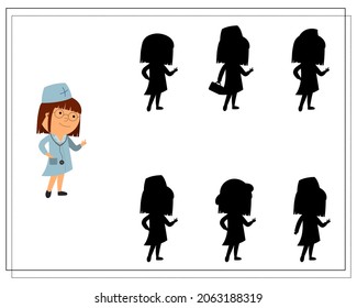 A puzzle game for kids find the right shadow, a medical worker, a doctor or a nurse. vector isolated on a white background