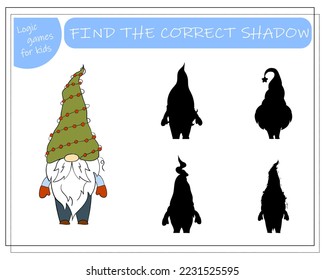 A puzzle game for kids, find the right shadow. Cartoon Christmas Gnome.