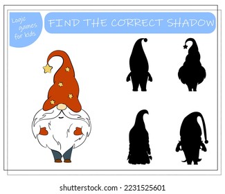 A puzzle game for kids, find the right shadow. Cartoon Christmas Gnome.