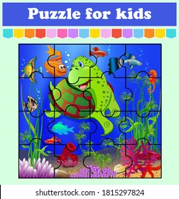 Puzzle game for kids. Fish in the sea. Education worksheet. Color activity page. Riddle for preschool. Isolated vector illustration. Cartoon style.