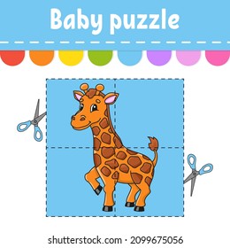 Puzzle game for kids. Giraffe animal. Jigsaw pieces. Color worksheet. Activity page. Isolated vector illustration. Cartoon style.