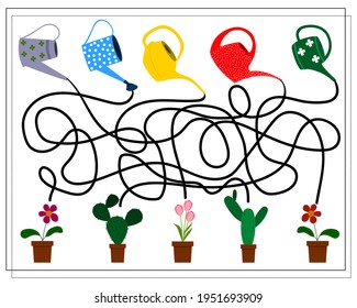 A puzzle game for kids. Go through the maze, which watering can that pours. Gardening tools, potted flowers. vector isolated on a white background
