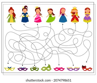 A puzzle game for kids, go through the maze. Pick up where whose carnival mask is. Vector isolated on a white background