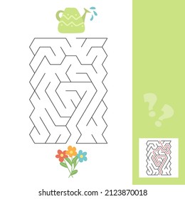 A puzzle game for kids. Go through the maze, watering can and flowers. Vector isolated on a white background. Labyrinth game with answer