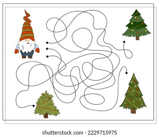 A puzzle game for kids, go through the maze. Cartoon Christmas Gnome.