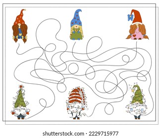 A puzzle game for kids, go through the maze. Cartoon Christmas Gnome.