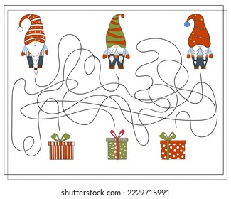 A puzzle game for kids, go through the maze. Cartoon Christmas Gnome.