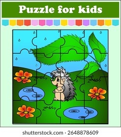 Jogo de quebra-cabeça para crianças. Ouriço em um prado com flores, escondendo-se da chuva sob uma folha. Planilha de educação. Página de cores com tarefas. Enigma para pré-escolares. 