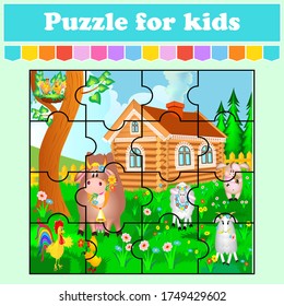 Puzzle game for kids. house cow pig birds and sheep. Education worksheet. Color activity page. Riddle for preschool. Isolated vector illustration. Cartoon style.